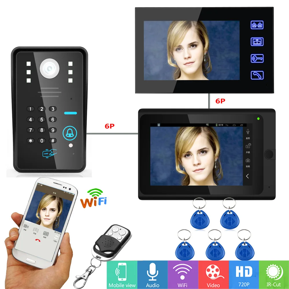 

7" 2 Monitors Wired /Wireless Wifi Video Doorbell Intercom System with IR-CUT HD 1000TVL Wired CCD Camera Night