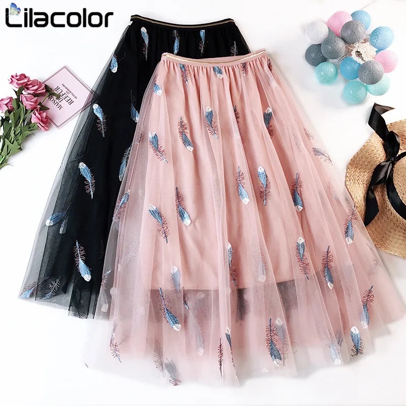 

Women Mesh Skirts Feather Embroidery Long Ball Gown Skirt 2019 Spring Summer Pink Black Sweet Elastic High Waist Tulle Skirts