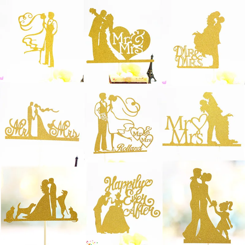 Glitter Bride Groom Cake Topper Mr Mrs Hollow Cake Cupcake Toppers Flags Wedding Mariage Party DIY Birthday Decoration Romantic