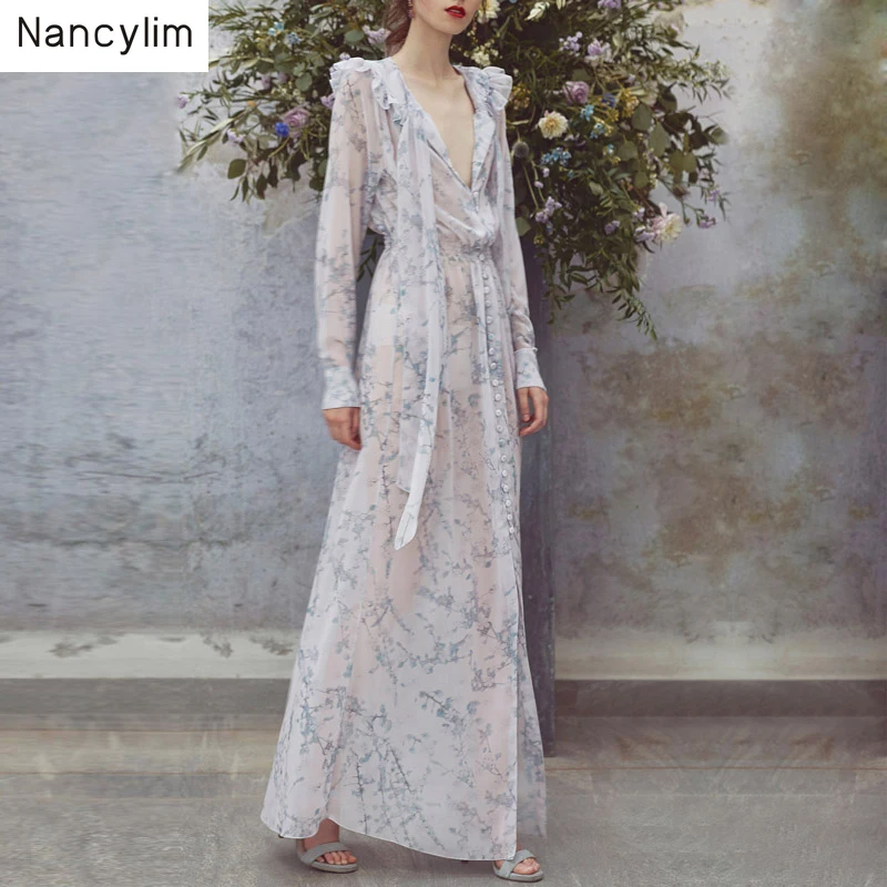 Franse Stijl Bloemenprint Chiffon Jurk Vrouw Temperament V-kraag Lange Mouw Maxi Jurk Vrouwelijke Dame Vakantie Lange Strand jurk Franse Stijl Bloemenprint Chiffon Jurk Vrouw Temperament V-kraag Lange Mouw Maxi Jurk Vrouwelijke Dame Vakantie Lange Strand jurk