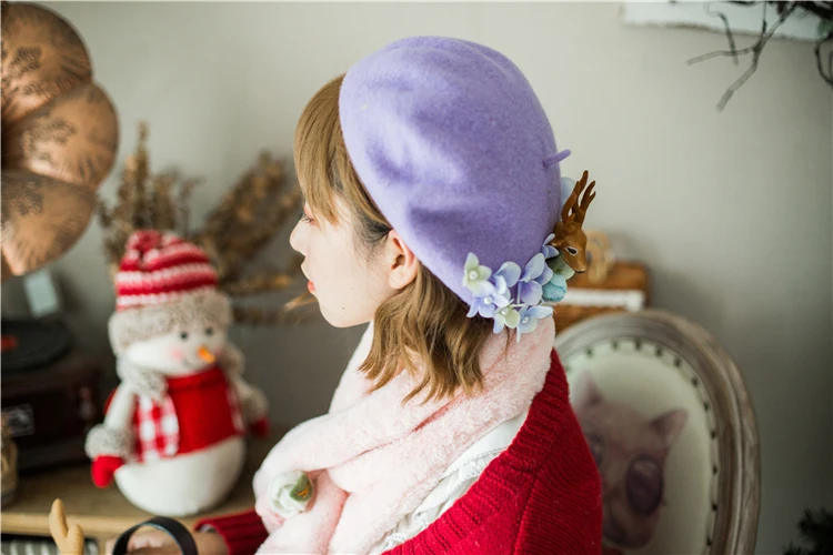Шапка в стиле милой принцессы Лолиты в японском стиле Mori Girl с ручными цветочными роговыми ушками, шерстяной берет для женщин, зимний теплый берет Boina