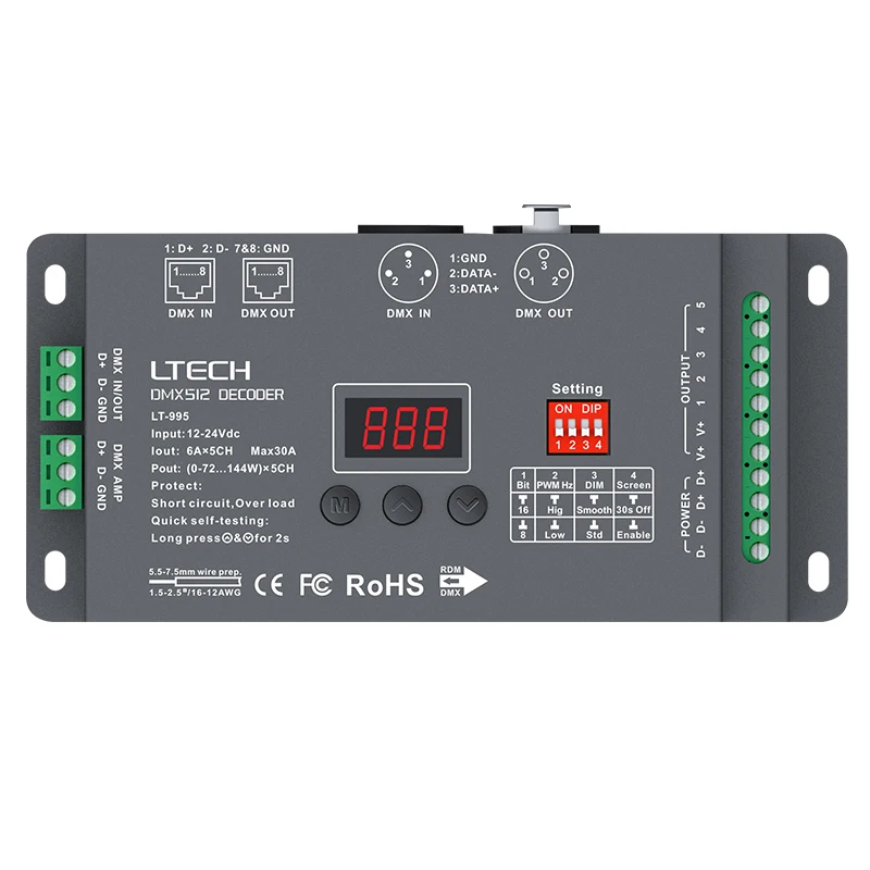 LT-995 Led DMX декодер 12В-24 В вход; 6А* 5CH Макс 30A 720 Вт выход RGB/RGBW Led CV декодер XLR-3/RJ45 разъем