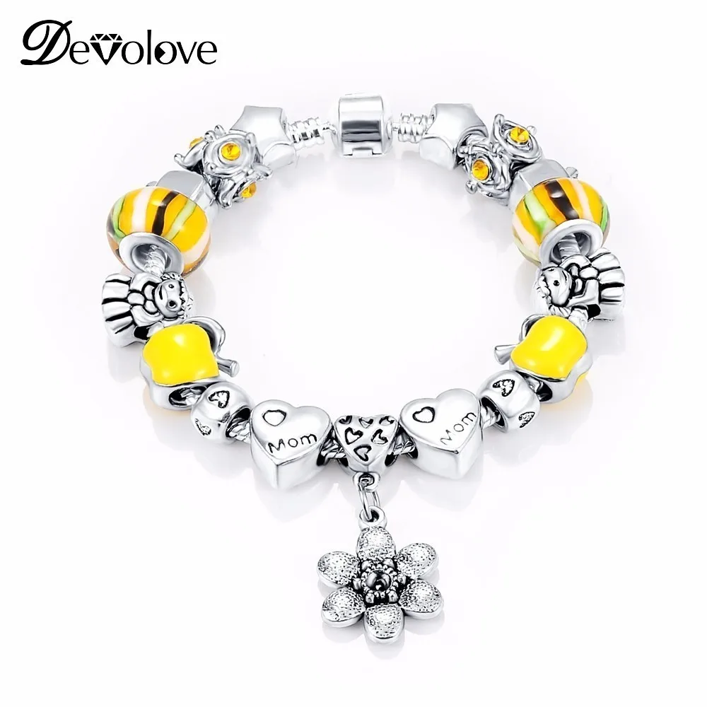 DEVOLOVE Charms with Safety Silver Plate Yellow Color Enamel Beads Snake Chain Bracelet Jewelry Pulseira PCBR0006 Dropshipping | Украшения