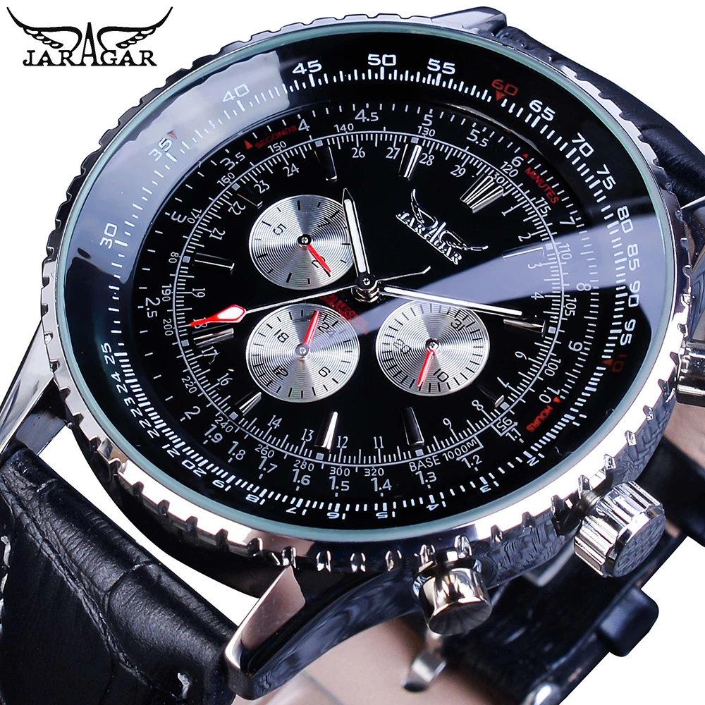 

Jaragar Luxury Men Automatic Watch Military Pilot Black Leather Strap Sport Self-Wind 3 Sub Dial Analog Mechanical Clock Relogio