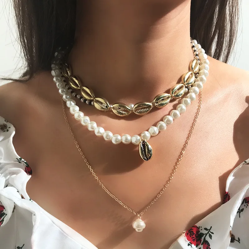 Multilayers Gold Shell Necklaces Women Statement Pearls Choker Necklace