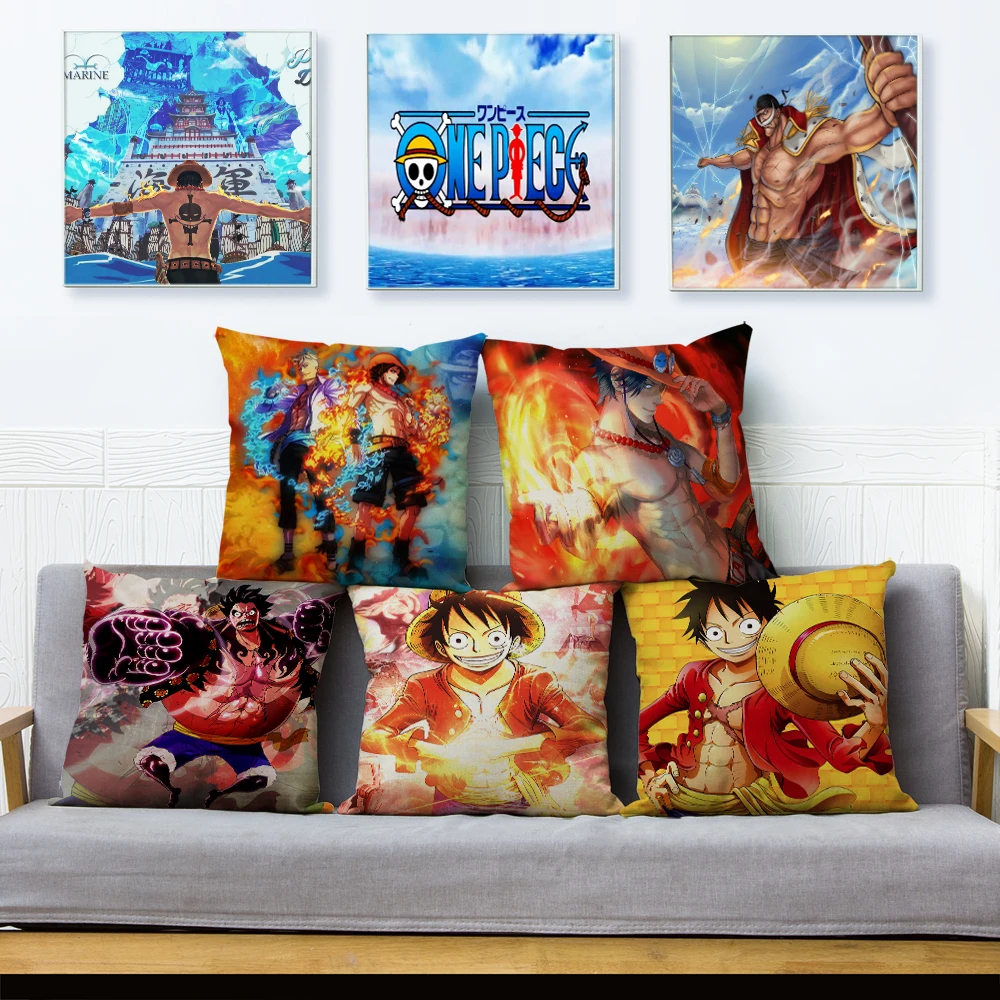 

Colorful One Piece Cartoon Luffy Ace Print Cushion Cover 45*45 Pillow Covers Linen Pillows Cases Sofa Home Decor Pillowcase