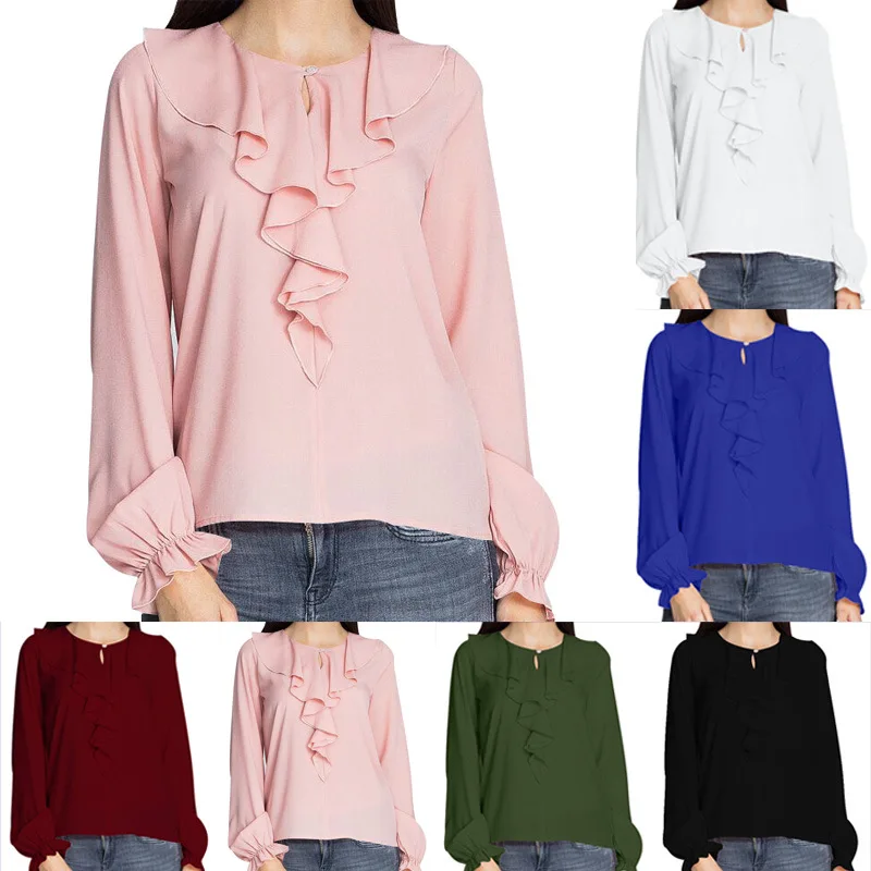 

2019 Long Full Sleeve Chiffon Tops Women Blouses Ruffles Vintage Autumn Button Elegant Plus Sizes Lady Lace Casual Shirts Blousa