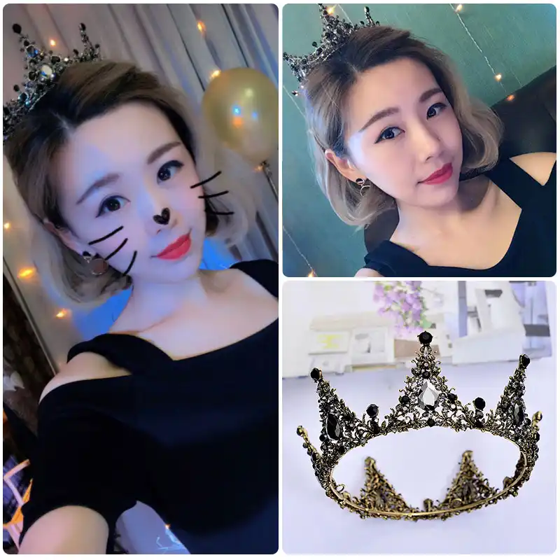 Vintage Fulll Round Black Crown Tiara Baroque Crystal Kids