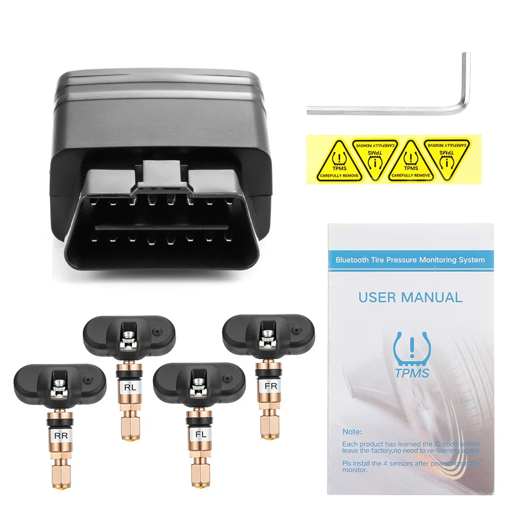 

TPMS Bluetooth 4.0 APP Display Wireless Tire Pressure Monitor Alarm System OBD Interface Support Android iphone phone 4 sensors