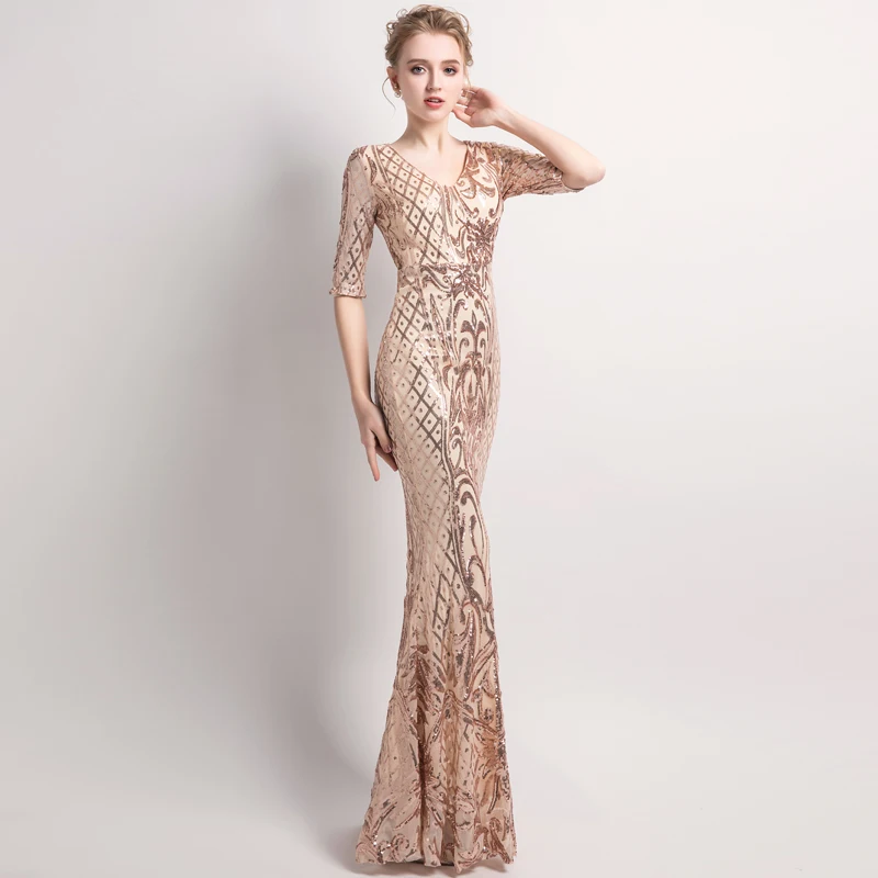 

YIDINGZS Women's Elegant Mermaid Gold Sequins Dress Half Sleeve Evening Party Dress