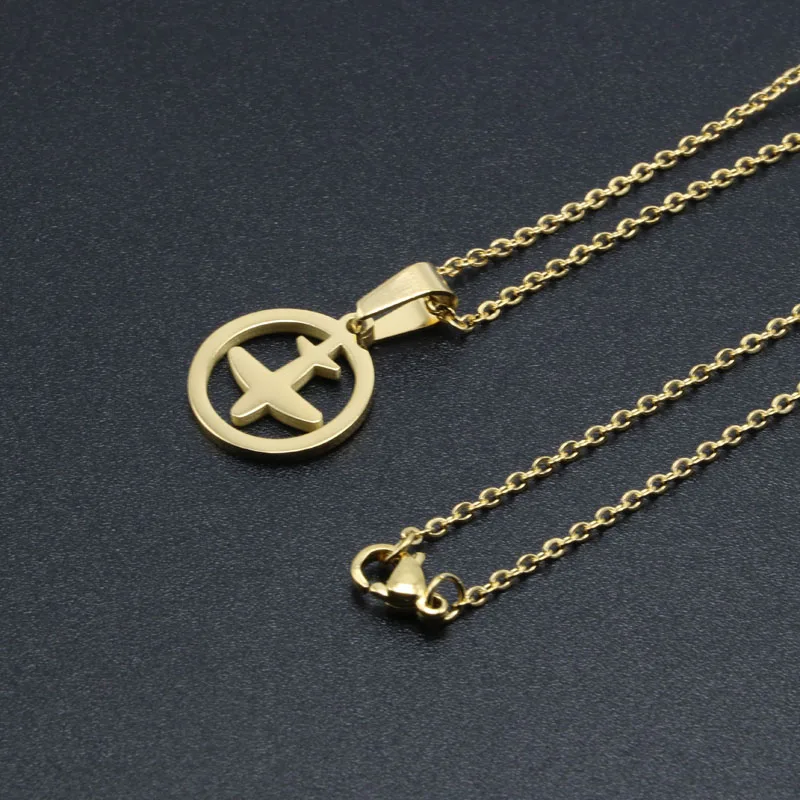 Men Women Fashion Pendant Necklace Small Round Airplane Titanium 316L Stainless Steel 45cm 18 Inch Chain Jewelry Free Shipping3