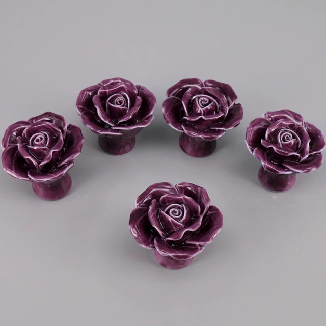 6pcs purple colored ceramic rose cabinet knobs dresser drawer