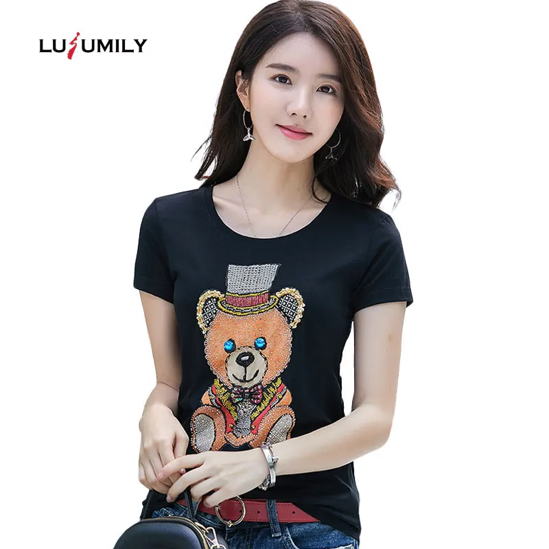 

Lusumily Summer Women T-shirt Casual Cotton Tshirt Plus Size Black White Girl Tee Handmade Sequins Kawaii Bear Tops Female Shirt