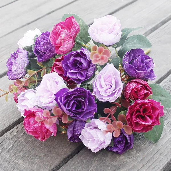 Искусственные цветы, 21 головка, дешевый Шелковый цветок, Европейский осенний небольшой чайный бутон, искусственные листья, свадебные, домашние, вечерние, вазы для украшения - Цвет: Purple