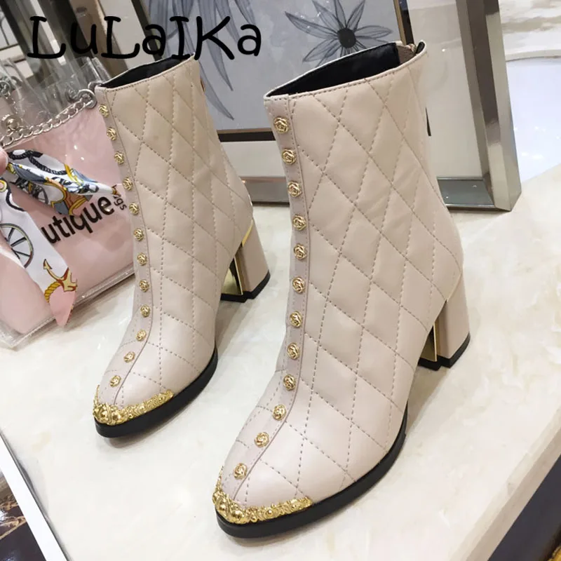 

2018 Newest Genuine Leather Metal Toe Designer Ankle Boot Fashion Brand Square Heel Woman High Heel Boot
