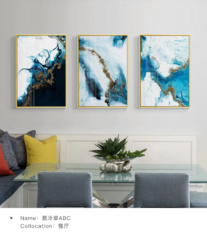 Nordic Abstract color spalsh blue golden canvas painting poster and print unique decor wall art pictures for living room bedroom