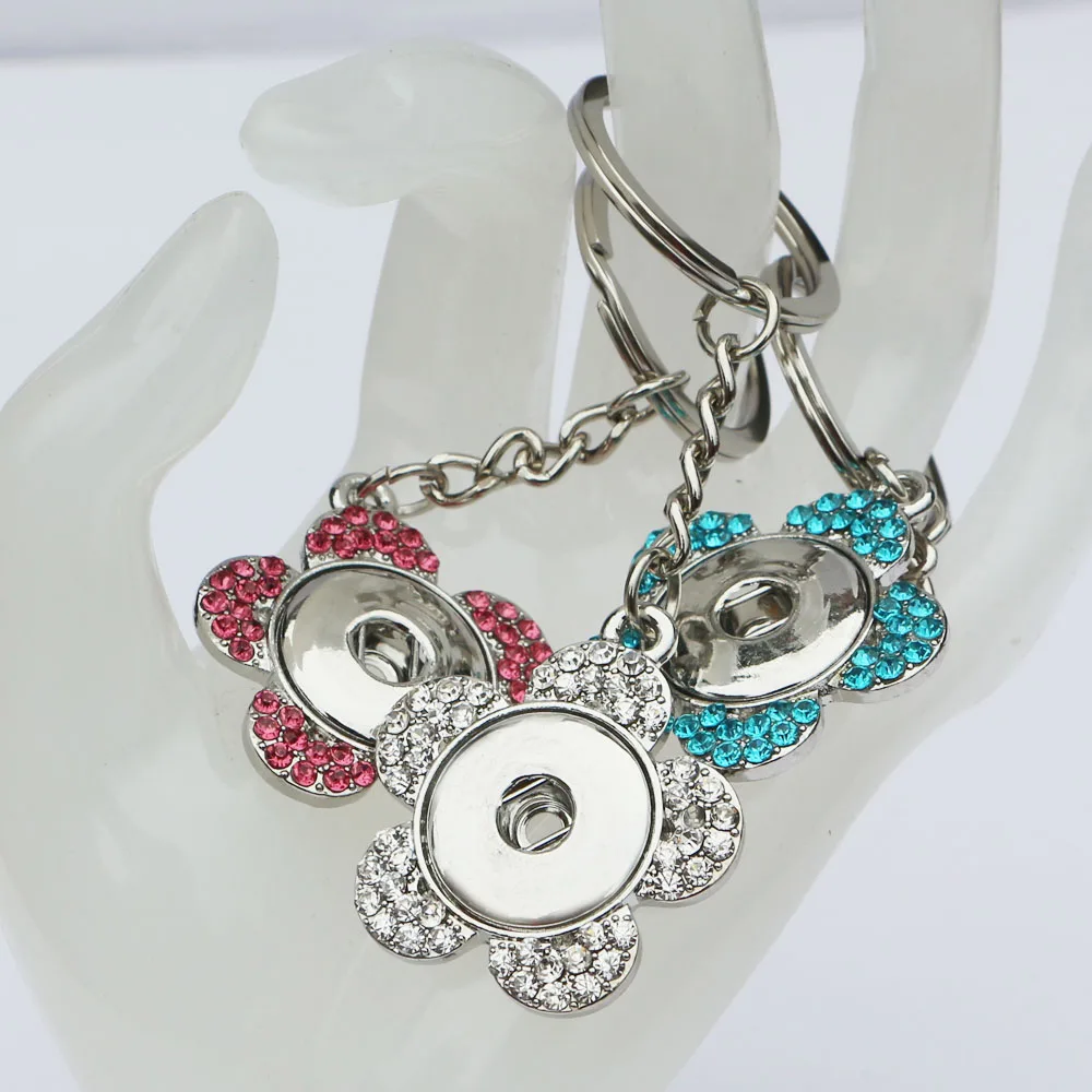 

3Colors Beauty Crystal Flower Keychains 18mm Snap Metal Button Key Chain Diy Snap Jewelry Keyrings For Women Girls NKR007
