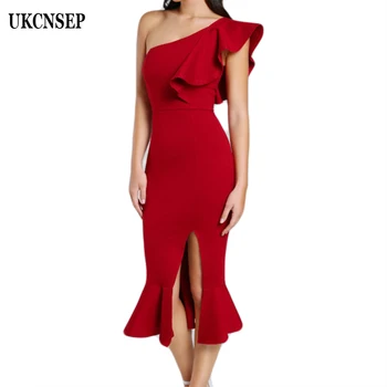 

2020 New Sexy Black Red Women Bandage Dresses Sleeveless One Shoulder Summer Dress Ruffle Trumpet Club Vestidos Party Dress
