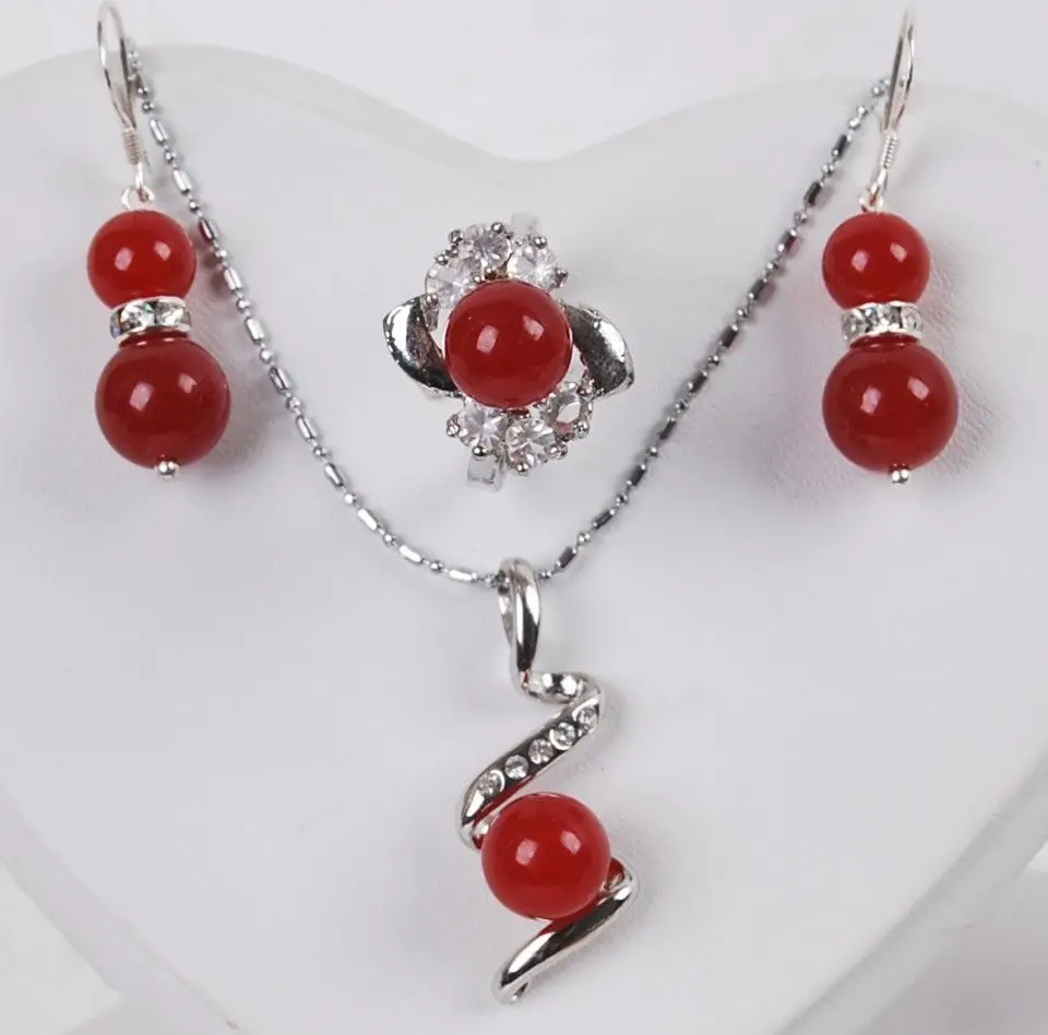 

Red Ruby Round Beads Ring Earrings Pendant Necklace set AAA 18K GP Plated gold Bridal wide watch wings queen JEWE