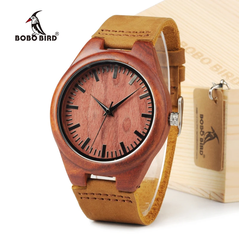 BOBOBIRD L15 Men's Red Sandal Wood Watches Men Cool Quartz Wristwatches With Leather Bands in Orginal Gift Box Design
