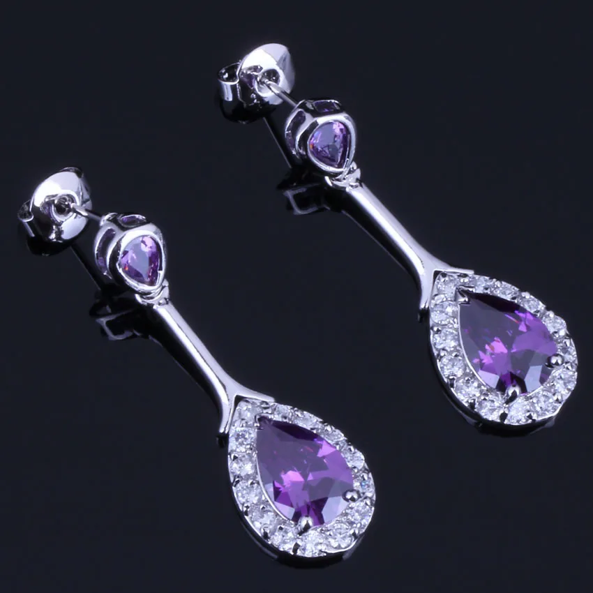 

Gleaming Water Drop Purple Cubic Zirconia White CZ 925 Sterling Silver Drop Dangle Earrings For Women V0722