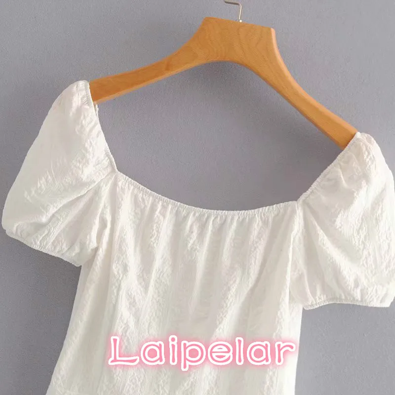 elegant button square collar white blouse Summer puff sleeve backless ruffles shirts korean fashion women tops and blouse blusas Blouses