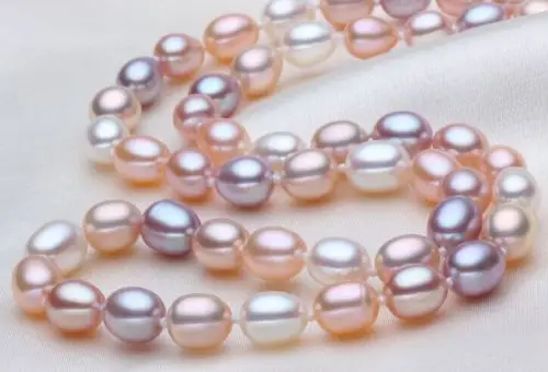 

Jewelr 006457 7x10-8x12mm south sea genuine gold pink purple Multic drop pearl necklace AAA