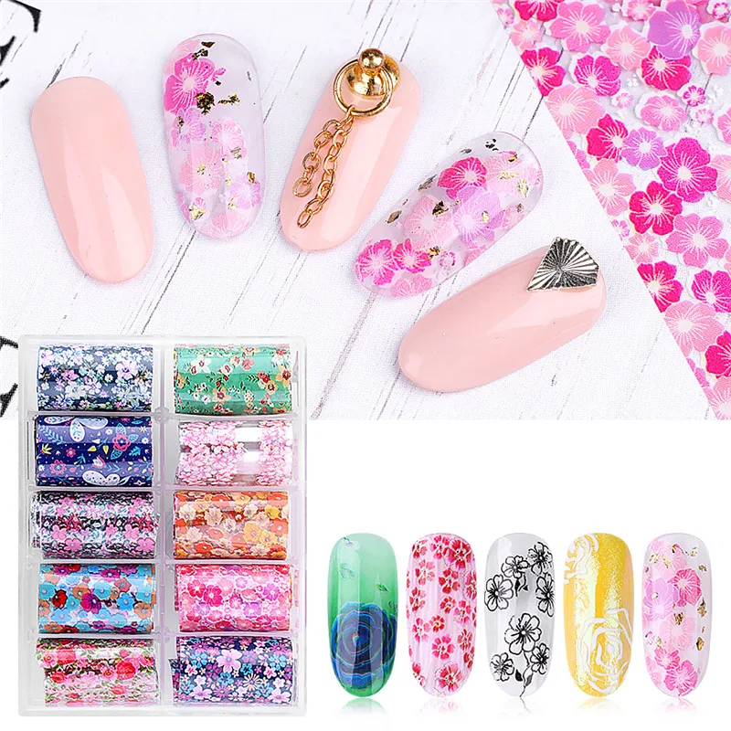 

10Pcs Nail Art Transfer Sticker Nail Foil Set Manicure DIY Nail Art Decorations Decals Transparent Mix Designs Flower Pattern