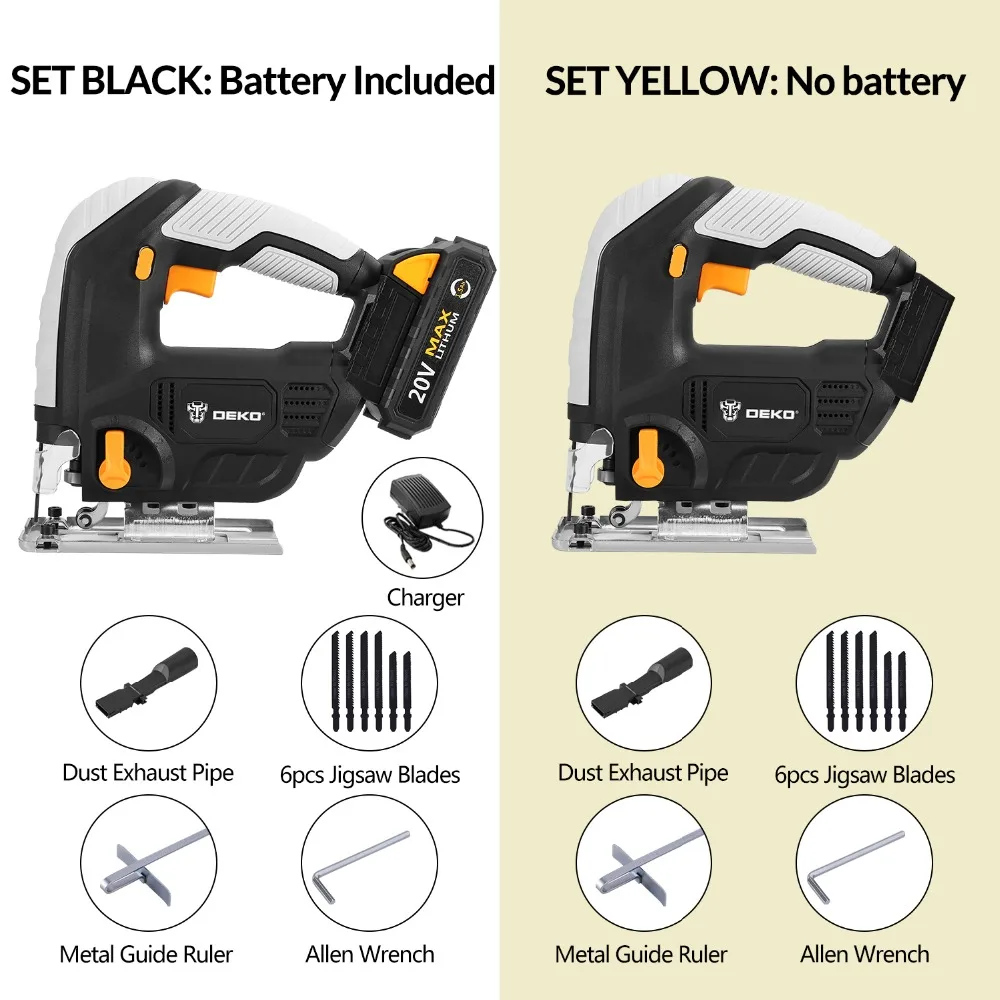 Skup DEKO 20V bezprzewodowy Jig LED regulacja światła prędkości piła elektryczna z 6 sztuk ostrzy, metalowa linijka, klucz imbusowy