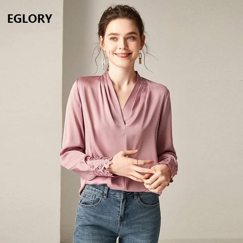 

Women's Blouse 2019 Spring Summer Fashion Silk Shirt Ladies V-Neck Hollow Out Embroidery Blouse Shirt Pink White Red Black Blusa