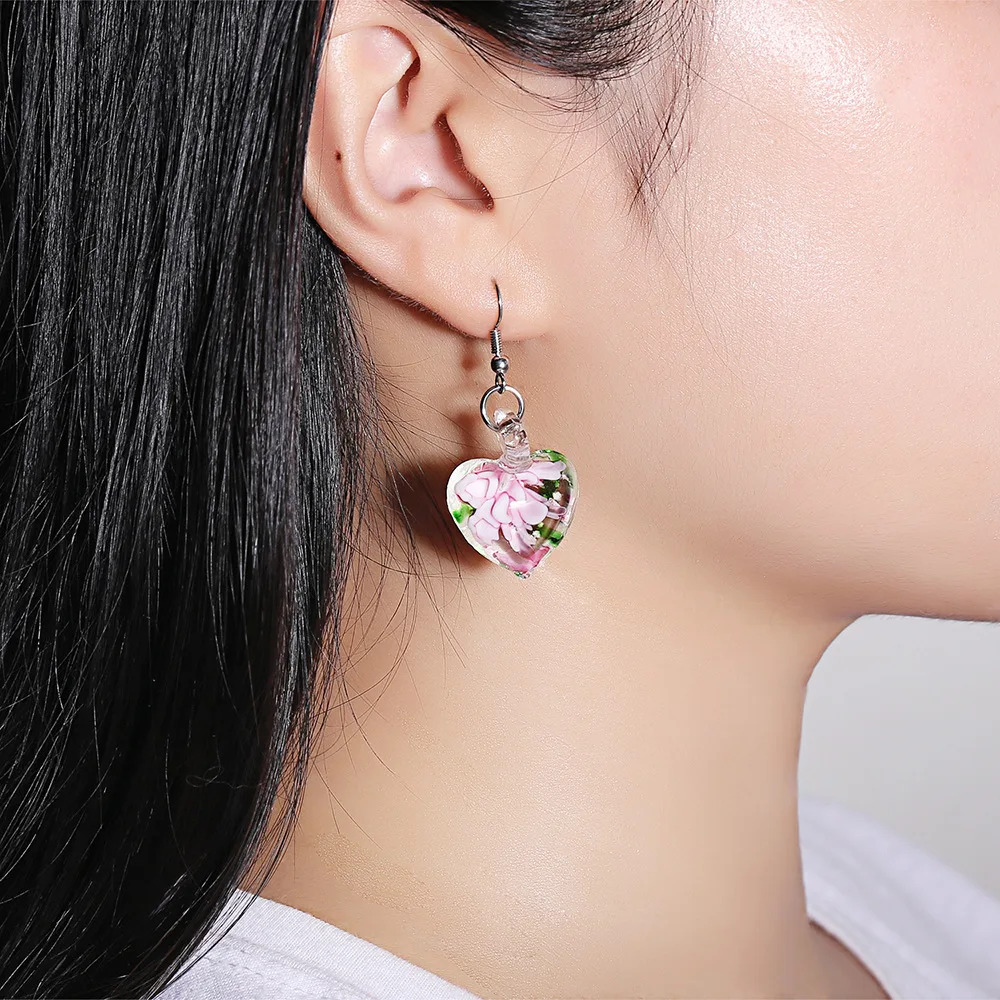 

New Murano Glass Heart Flower Pendant Drop Earrings for Women Fluorescence Lampwork Morano Glass Pendant Dangle Earring Jewelry