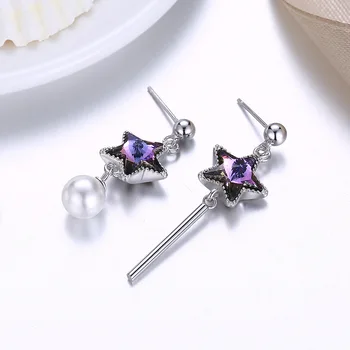 

925 Sterling Silver Color Austria Star Earrings, Women's Retro Stars Pearl Diamond Earrings Brincos Bizuteria Gemstone