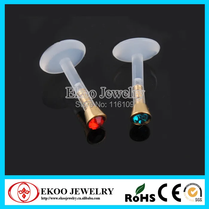 

Internal Bio Flexible Labret Plated with Gold Flat Jewel Ball Lip Ring Mixed 8 Colors Lot of 40pcs