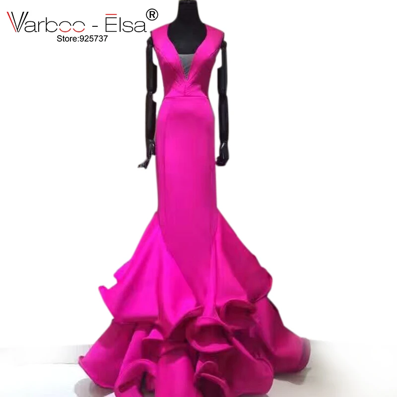

VARBOO_ELSA Sexy Hollow Out Mermaid Evening Dress 2018 Homecoming Dresses Rose Red Satin Ruffles Prom Dress V-neck Sleeveless