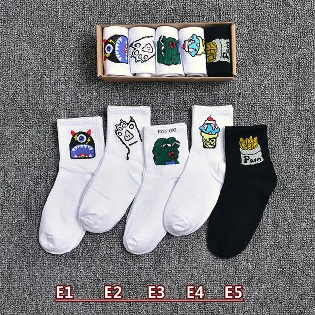 5 пар/лот носки для женщин Весна Лето Харадзюку мультфильм печати носки женские повседневные короткие носки хлопок кактус sox дамы meias - Цвет: E