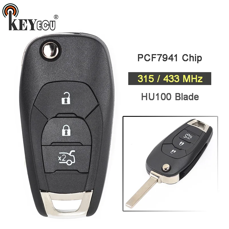 

KEYECU 1x / 3x 315/ 433MHz PCF7941 Chip Replacement Remote Car Key Fob 3 Button HU100 Blade for Chevrolet Aveo Cruze 2014-2017