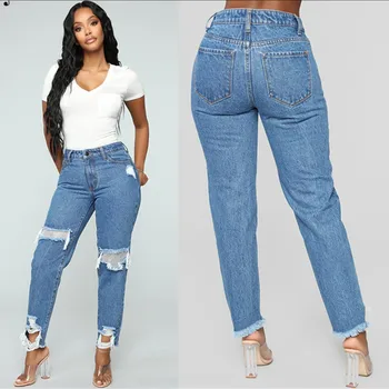 

Spring hot sale hot fashion hole female pants casual feet pants high waist slim slimming hip female jeans women straight pants