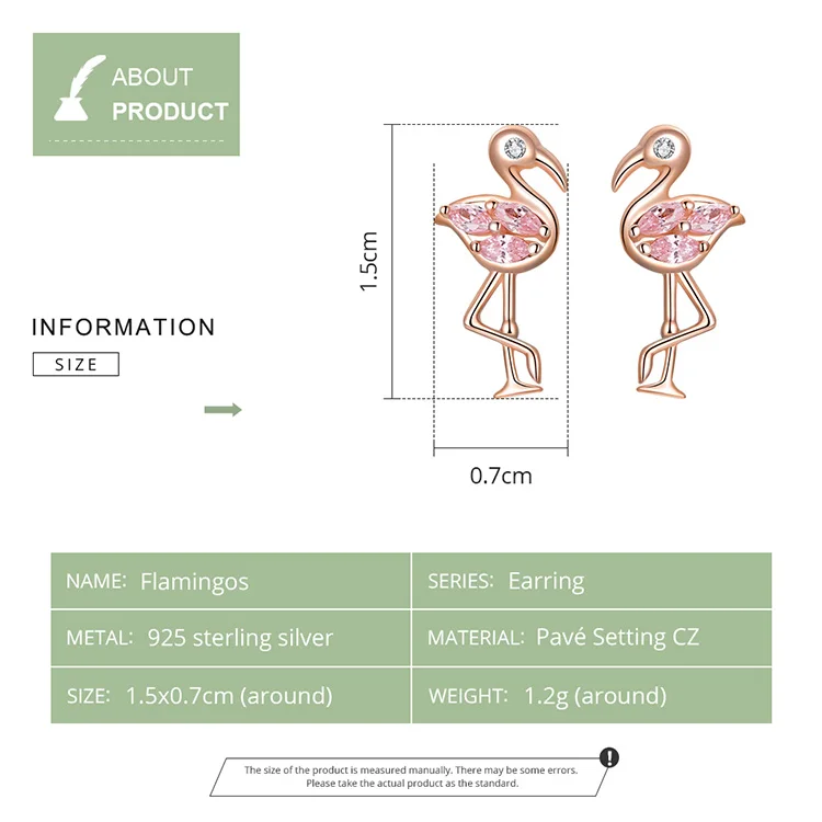 bamoer Summer Flamingos Stud Earrings for Women Pink Cubic Zirconia Ear Studs Romantic Female Silver 925 Jewelry Gifts BSE120