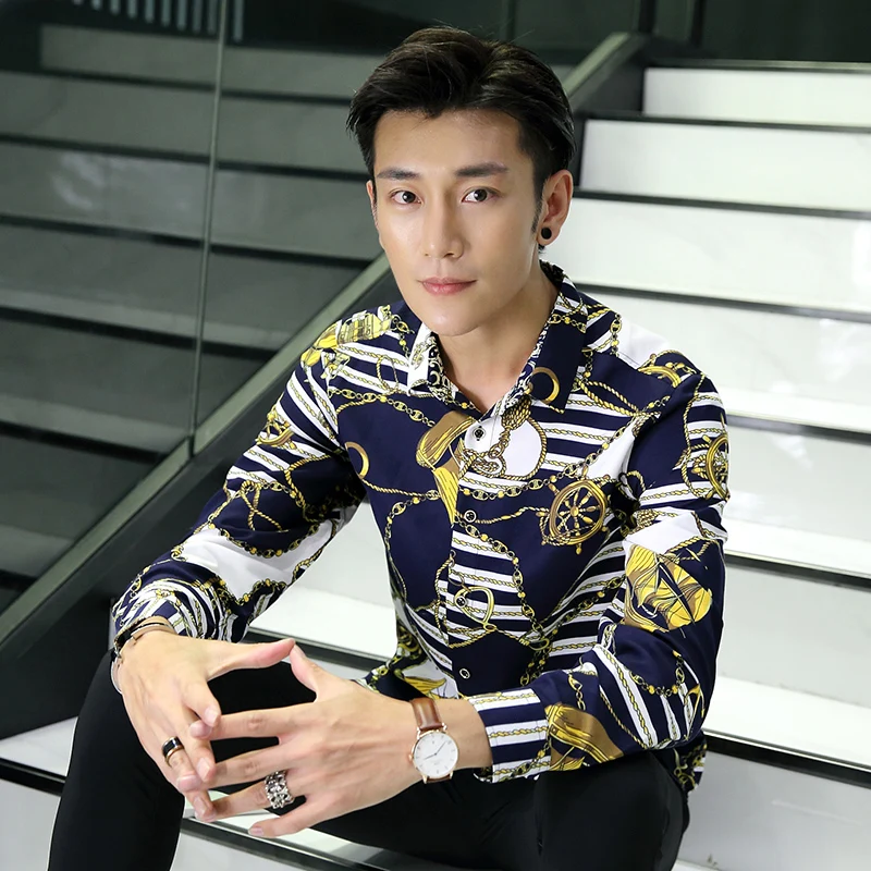 

S-7XL Large Size Mens Long Sleeve Flower Shirts Fashion Casual Shirt Male Autumn