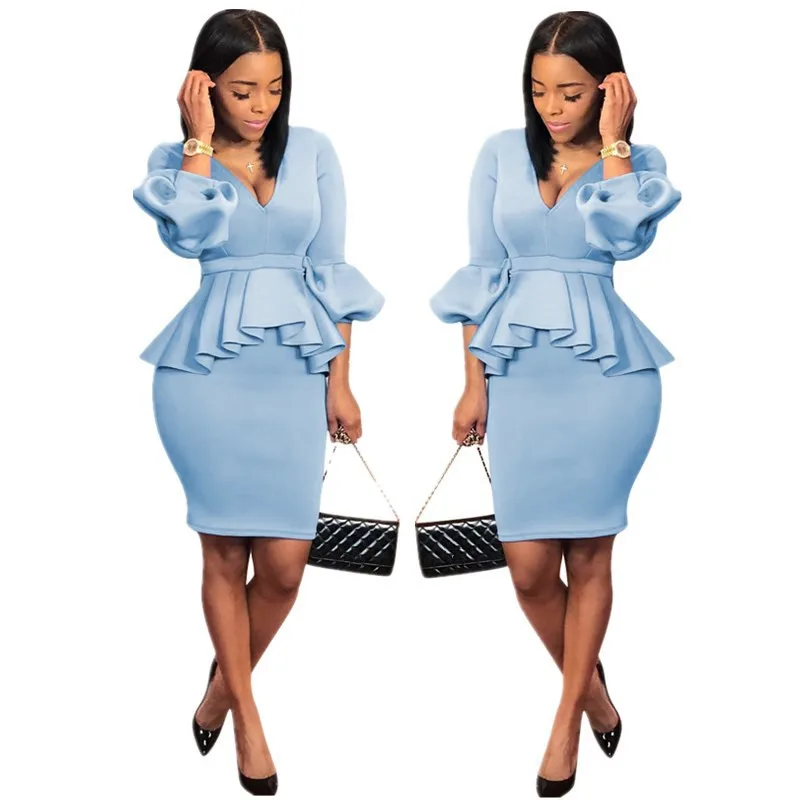 

Women Deep V-Neck Work Office Set 2 Pieces Set Ruffles Lantern Sleeve Ruffle Tops Pencil Skirt Sheath Outfits Bodycon Suits