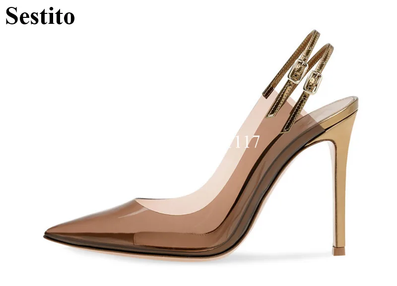 

European and American ladies sexy pointed metal double buckle leather dew with gold transparent PVC high heel shoes