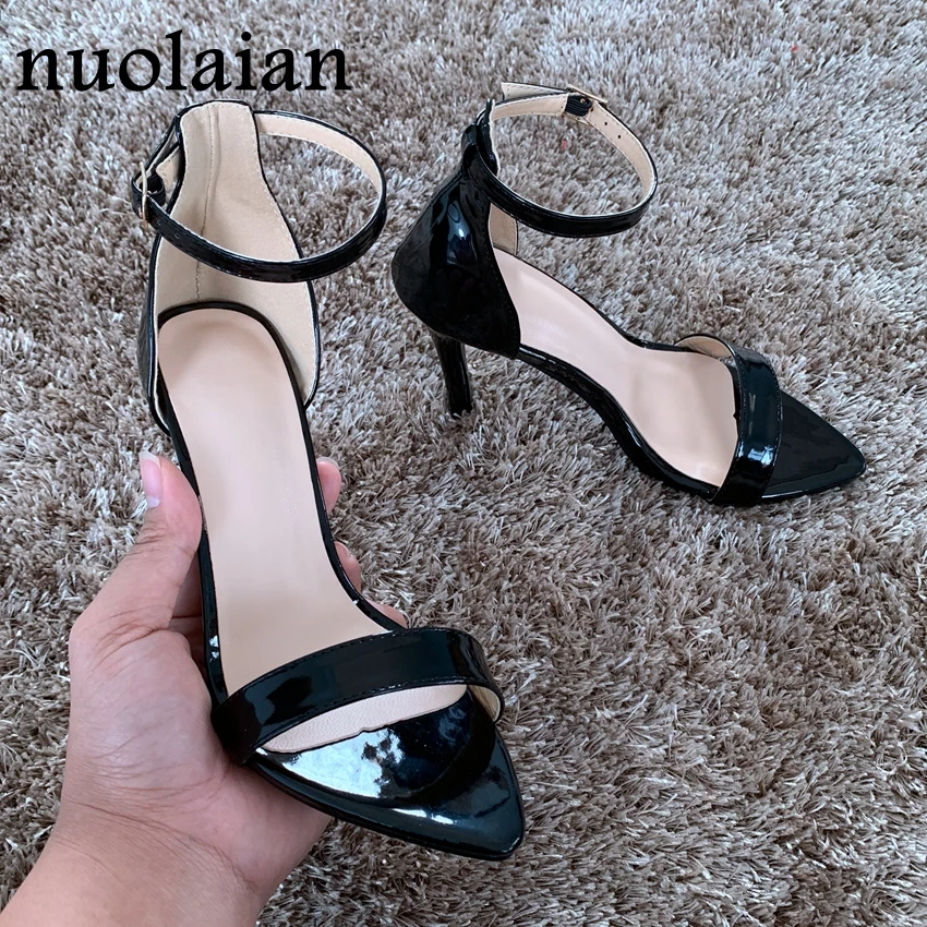 black patent leather dress sandals