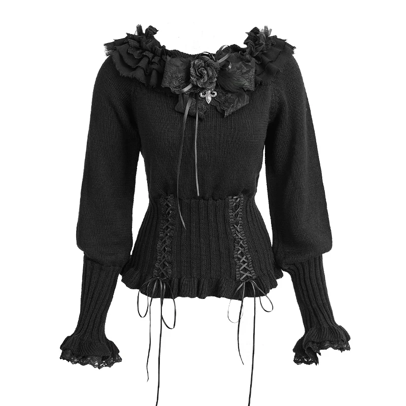 Женский свитер в стиле лолита черный с круглым вырезом и длинными рукавами