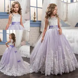 2019 красивые Lanvender и белые платья с цветочным узором для девочек Бисером кружевная Апликация Луки пышные платья детей Свадебная вечеринка