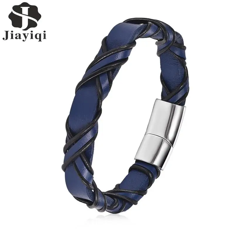 

Jiayiqi Punk Men Jewelry Leather Bracelet Blue Black Cord Stainless Steel Magnetic Clasp Fashion Bangle