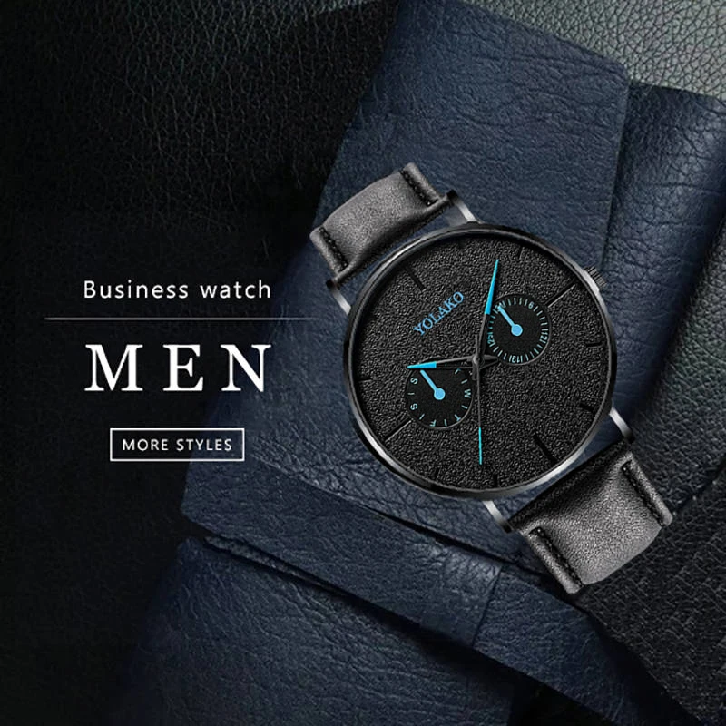 

New Watch Blue Pointer 2019 Casual Leather Belt Quartz Fashion Mens Watch Yolako Male WriststWatch Clock Relogio Masculino