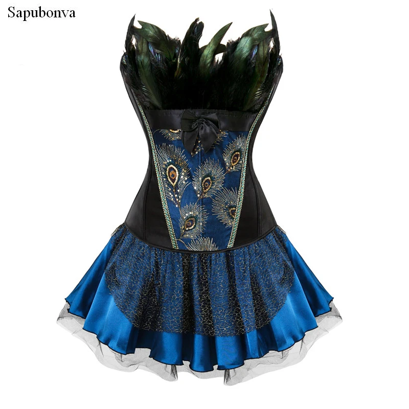 

Sapubonva Corset Dress Feathers Burlesque Gothic Vintage Sexy Overbust Corsets Bustier Skirt Corselet Halloween Costume Korse