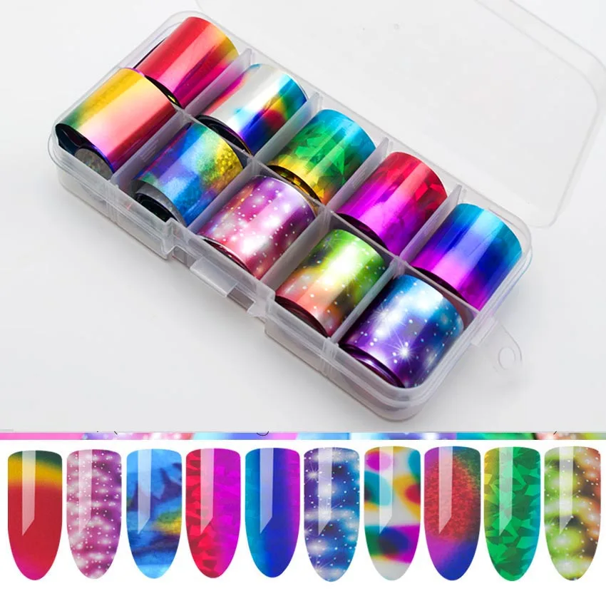 10 шт. смешанные 100*2,5 см голографические наклейки для ногтей из фольги прозрачные AB