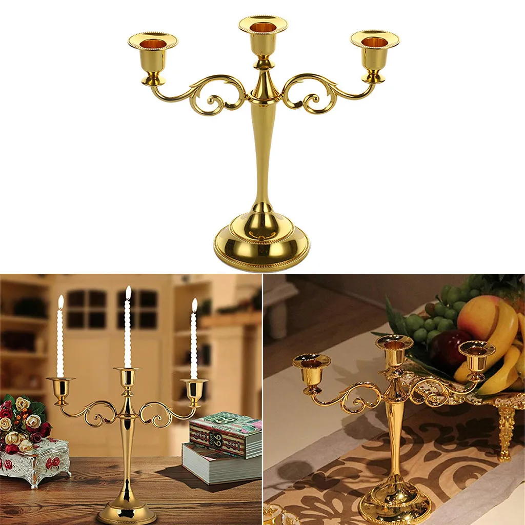 

3-arms Stand Candle Holders Gold Zinc Alloy Centre De Table Mariage Candelabros Decorativos De Velas Drop Shipping K20
