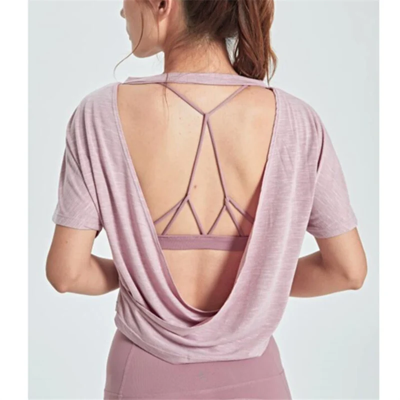  Oyoo Open Back Pink Yoga Top Loose Fit Backless Sport Shirt Black Workout Tops For Women Sexy Gym T